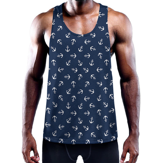 Blue And White Anchor Pattern Print Training Tank Top