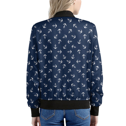 Blue And White Anchor Pattern Print Women's Bomber Jacket