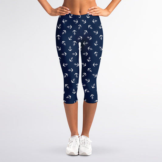Blue And White Anchor Pattern Print Women's Capri Leggings