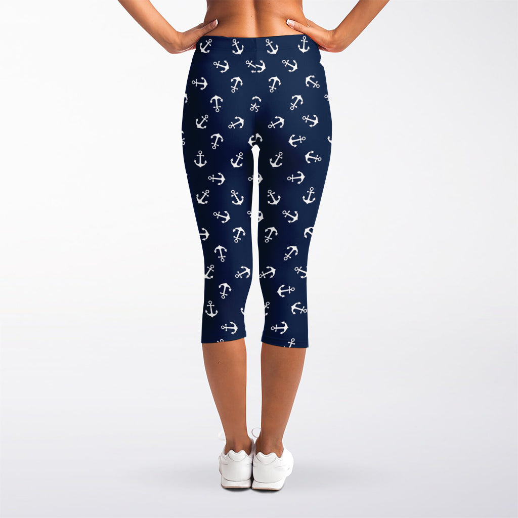 Blue And White Anchor Pattern Print Women's Capri Leggings