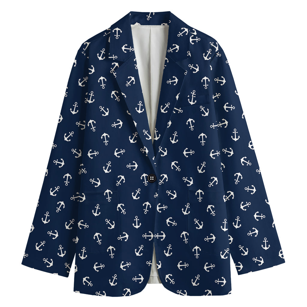 Blue And White Anchor Pattern Print Women's Cotton Blazer