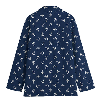 Blue And White Anchor Pattern Print Women's Cotton Blazer