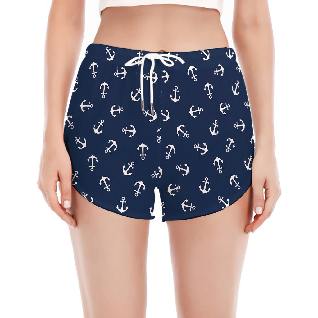 Blue And White Anchor Pattern Print Women's Split Running Shorts