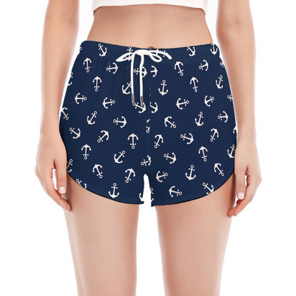 Blue And White Anchor Pattern Print Women's Split Running Shorts