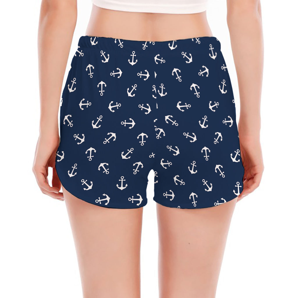 Blue And White Anchor Pattern Print Women's Split Running Shorts