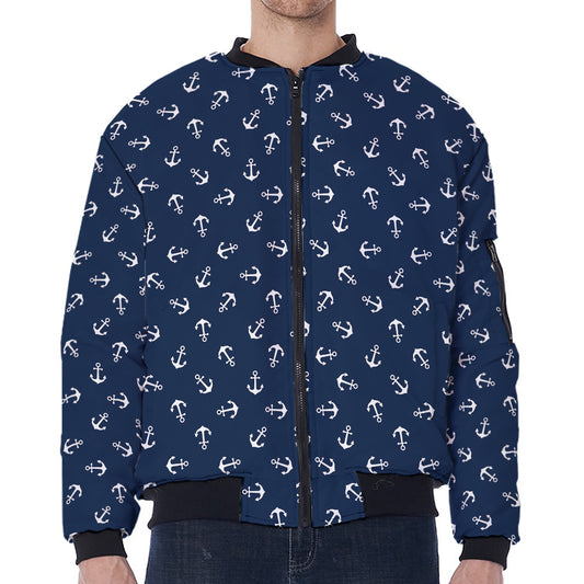 Blue And White Anchor Pattern Print Zip Sleeve Bomber Jacket