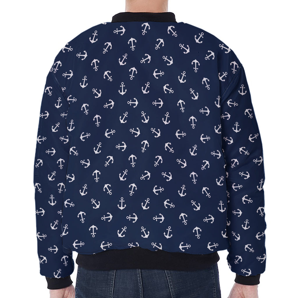 Blue And White Anchor Pattern Print Zip Sleeve Bomber Jacket
