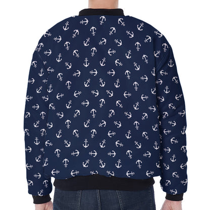 Blue And White Anchor Pattern Print Zip Sleeve Bomber Jacket