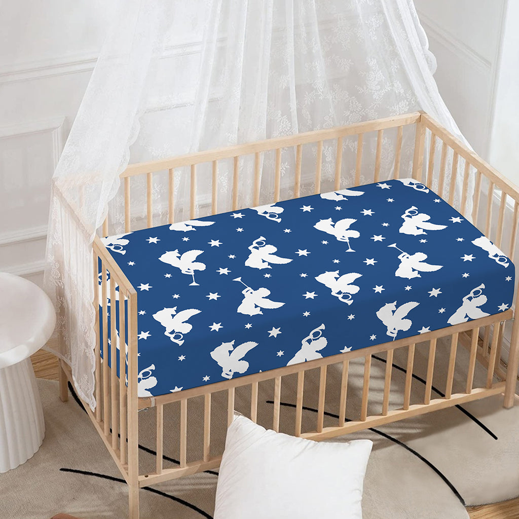 Blue And White Angel Pattern Print Baby Crib Sheet