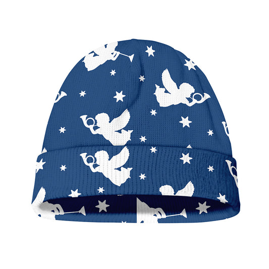 Blue And White Angel Pattern Print Beanie