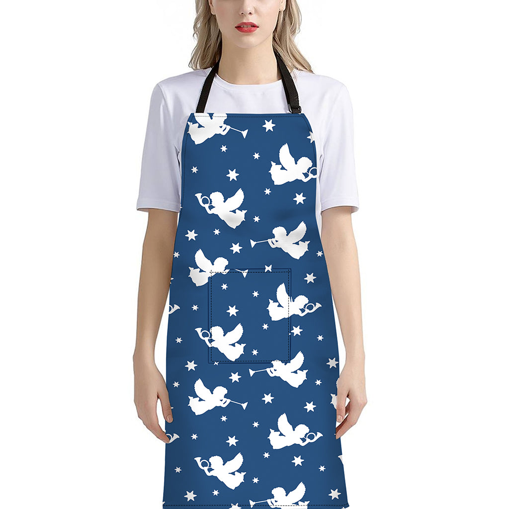 Blue And White Angel Pattern Print Bib Apron With Pocket
