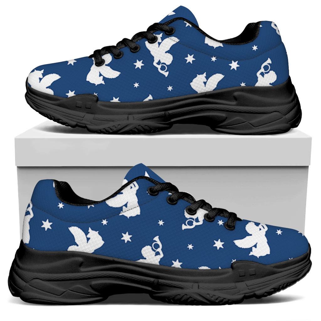 Blue And White Angel Pattern Print Black Chunky Shoes