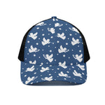 Blue And White Angel Pattern Print Black Mesh Trucker Cap