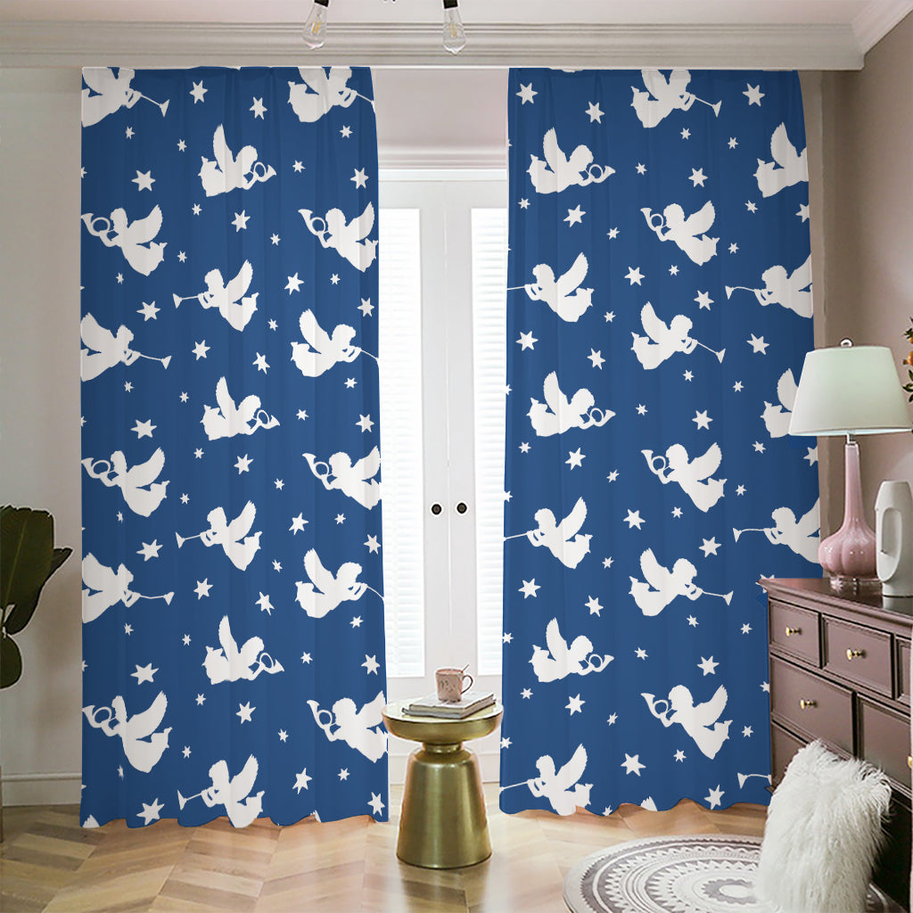 Blue And White Angel Pattern Print Blackout Pencil Pleat Curtains