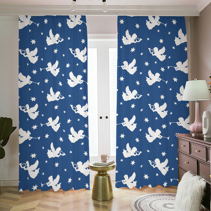 Blue And White Angel Pattern Print Blackout Pencil Pleat Curtains