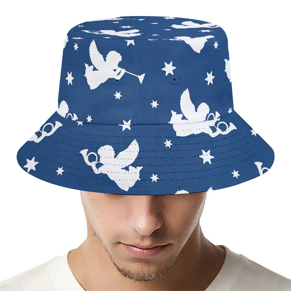 Blue And White Angel Pattern Print Bucket Hat