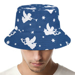 Blue And White Angel Pattern Print Bucket Hat