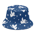 Blue And White Angel Pattern Print Bucket Hat