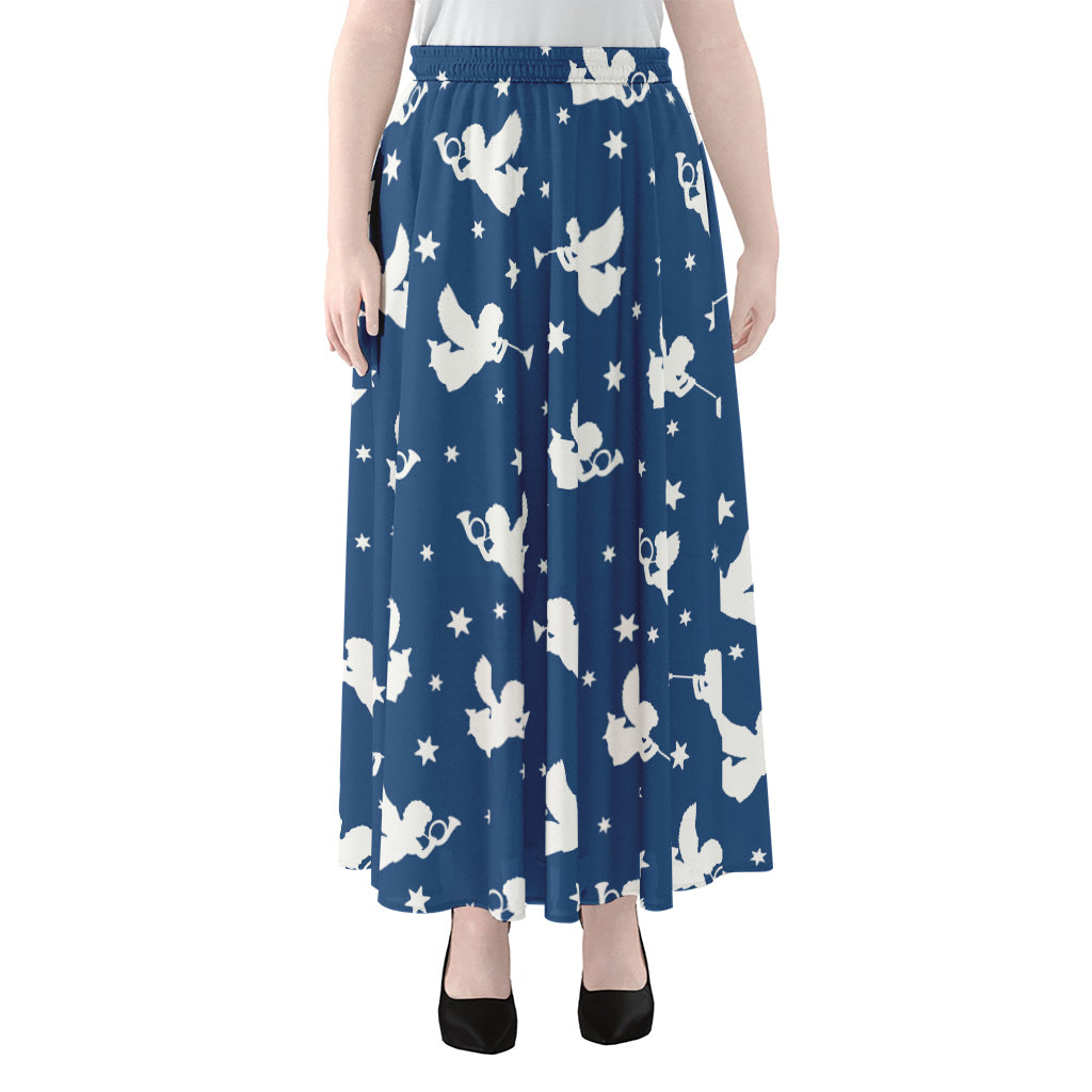 Blue And White Angel Pattern Print Chiffon Maxi Skirt
