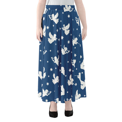 Blue And White Angel Pattern Print Chiffon Maxi Skirt