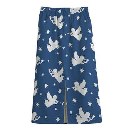 Blue And White Angel Pattern Print Cotton Front Slit Maxi Skirt