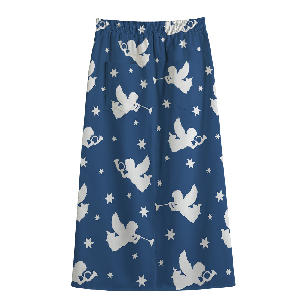 Blue And White Angel Pattern Print Cotton Front Slit Maxi Skirt