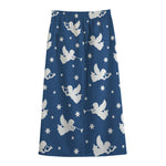 Blue And White Angel Pattern Print Cotton Front Slit Maxi Skirt