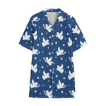 Blue And White Angel Pattern Print Cotton Hawaiian Shirt