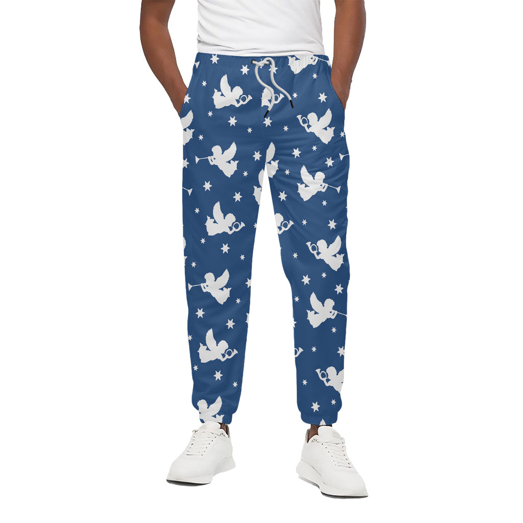 Blue And White Angel Pattern Print Cotton Pants