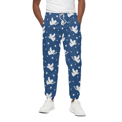 Blue And White Angel Pattern Print Cotton Pants