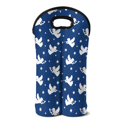 Blue And White Angel Pattern Print Double Neoprene Wine Tote