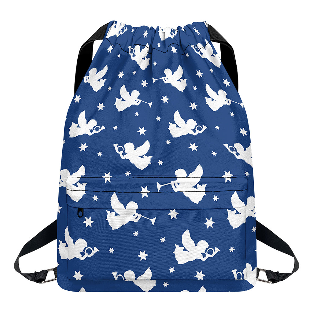 Blue And White Angel Pattern Print Drawstring Backpack