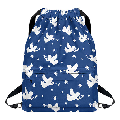 Blue And White Angel Pattern Print Drawstring Backpack