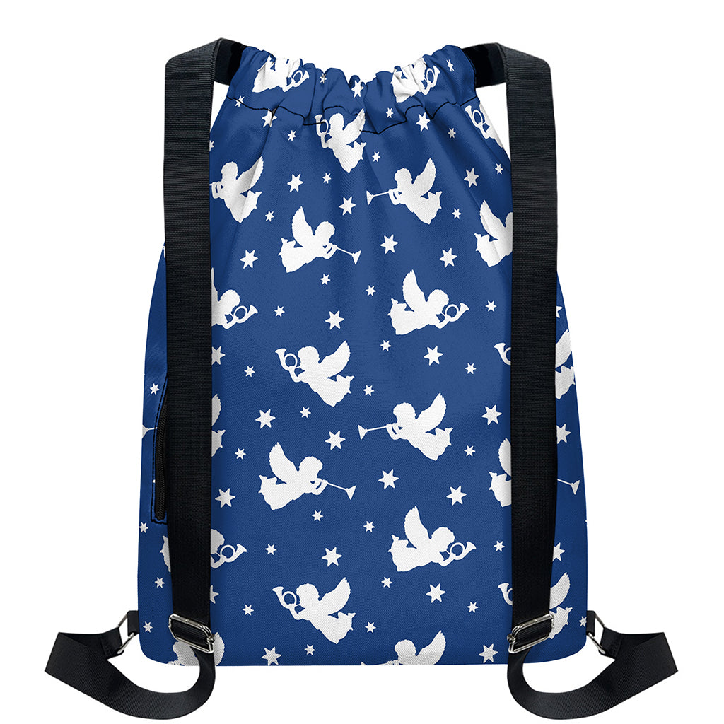 Blue And White Angel Pattern Print Drawstring Backpack