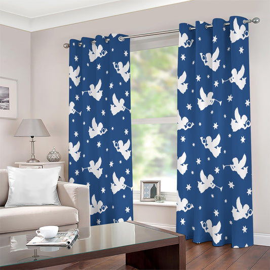 Blue And White Angel Pattern Print Extra Wide Grommet Curtains