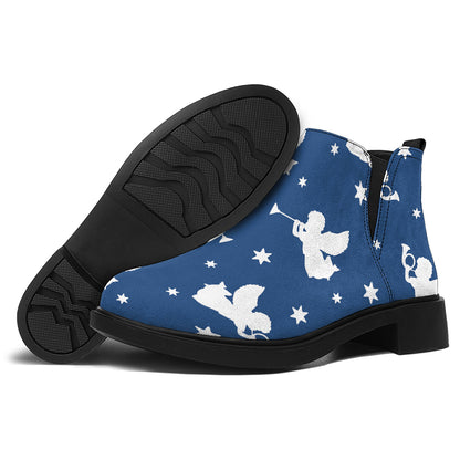 Blue And White Angel Pattern Print Flat Ankle Boots