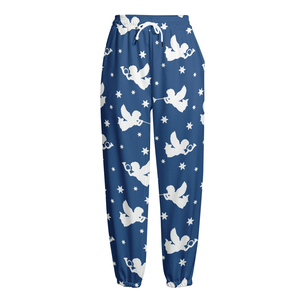 Blue And White Angel Pattern Print Fleece Lined Knit Pants