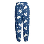 Blue And White Angel Pattern Print Fleece Lined Knit Pants