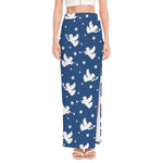 Blue And White Angel Pattern Print High Slit Maxi Skirt