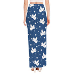Blue And White Angel Pattern Print High Slit Maxi Skirt