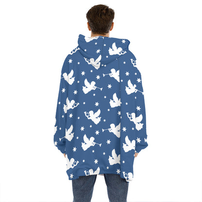 Blue And White Angel Pattern Print Hoodie Blanket