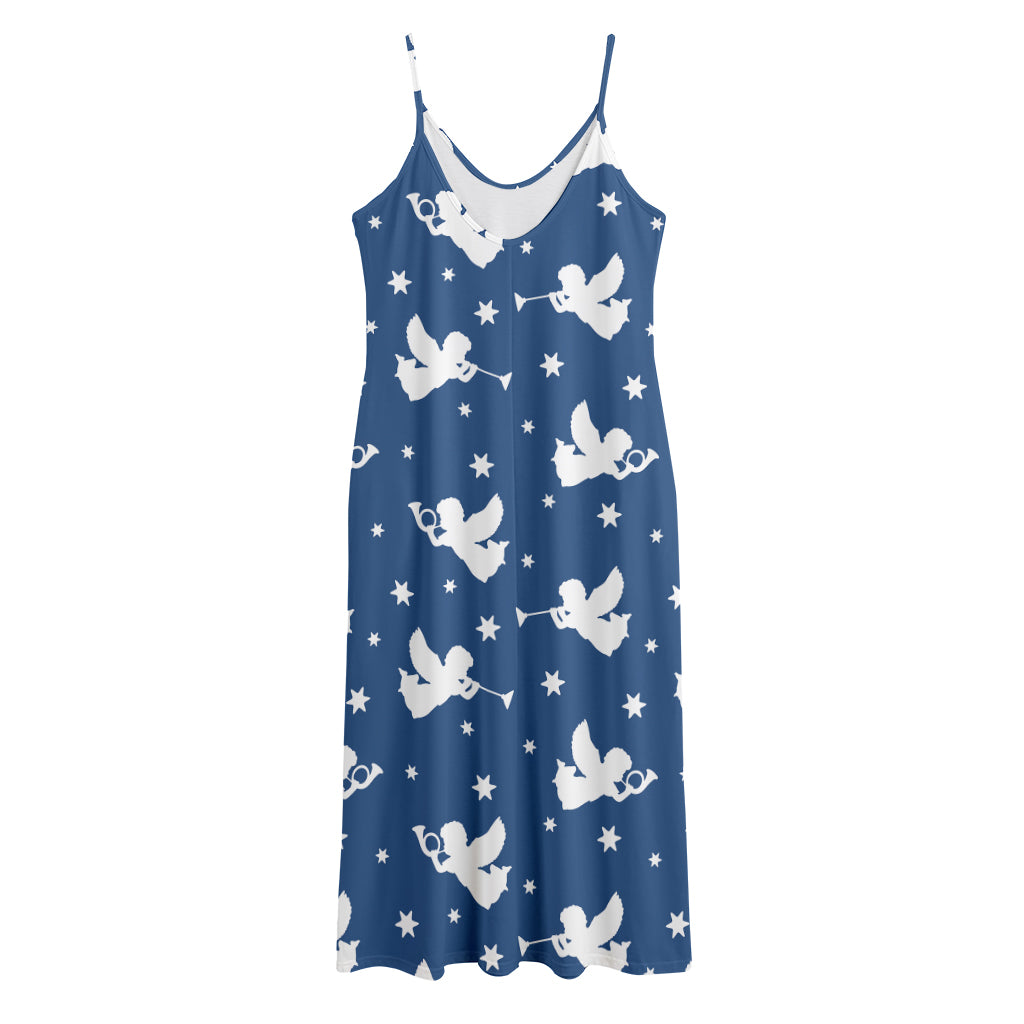 Blue And White Angel Pattern Print Jersey Midi Cami Dress
