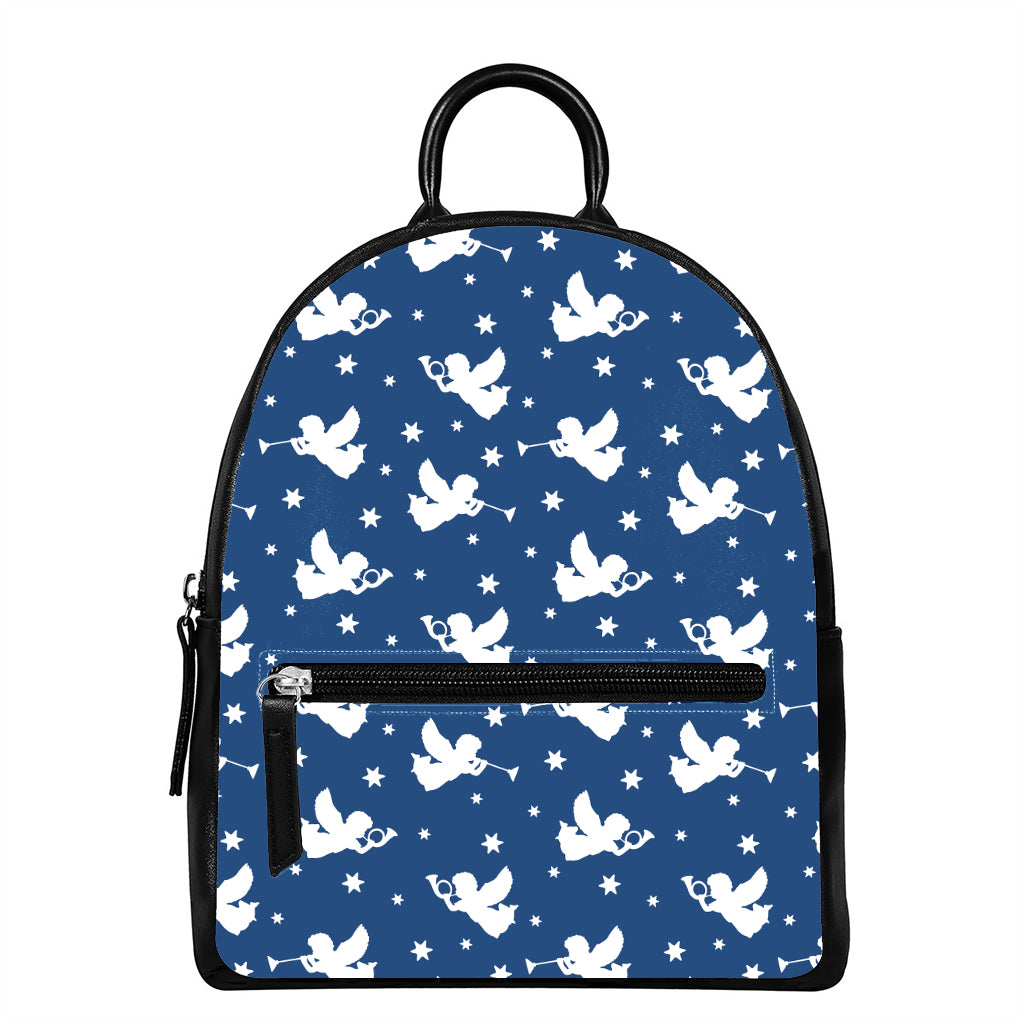 Blue And White Angel Pattern Print Leather Backpack