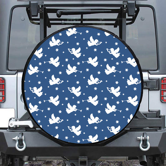 Blue And White Angel Pattern Print Leather Spare Tire Cover