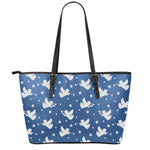 Blue And White Angel Pattern Print Leather Tote Bag