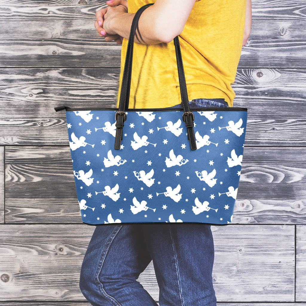 Blue And White Angel Pattern Print Leather Tote Bag