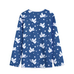 Blue And White Angel Pattern Print Long Sleeve Short Coat