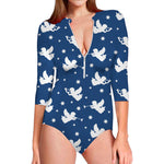 Blue And White Angel Pattern Print Long Sleeve Swimsuit
