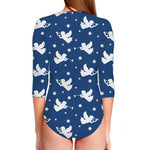 Blue And White Angel Pattern Print Long Sleeve Swimsuit