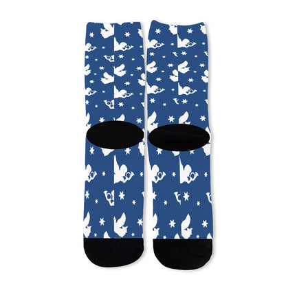 Blue And White Angel Pattern Print Long Socks